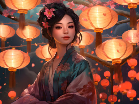 3D illustration of a beautiful asian girl wearing kimonoの素材