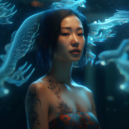3d illustration of a beautiful asian woman with tattoos on her bodyの素材