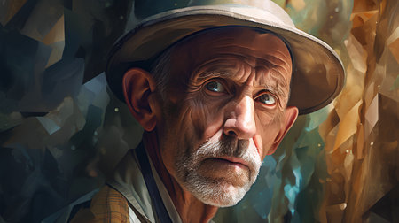 Portrait of an old man in a hat on a dark background.の素材