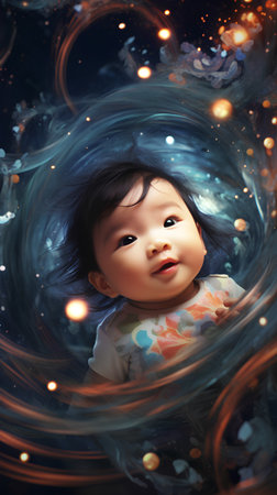Cute asian baby girl in a dreamy space, 3d renderingの素材