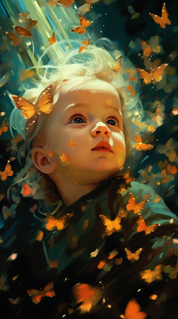 Beautiful little girl with a butterfly in her hair. Fantasy illustration.の素材