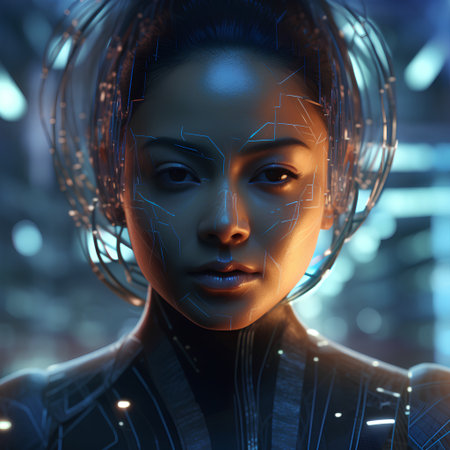 3d rendering of a female cyborg in futuristic cyberspaceの素材