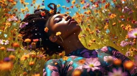 Beautiful african american woman with afro hairstyle among flowersの素材