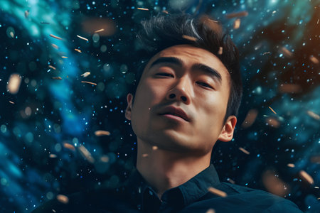 Portrait of a young handsome asian man standing under falling rain.の素材