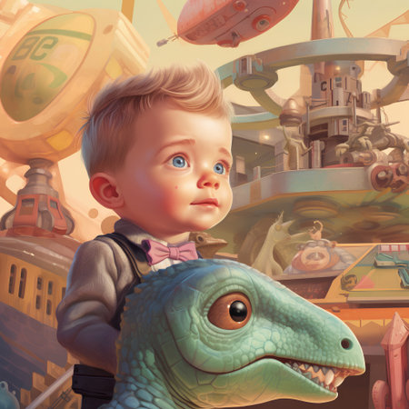Cute little boy with a dinosaur in his hands. Fantasy illustration.の素材