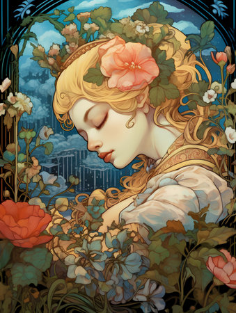 Girl in a wreath of roses and hydrangeas.の素材