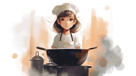 Illustration of a beautiful young woman chef cooking in the kitchen.の素材