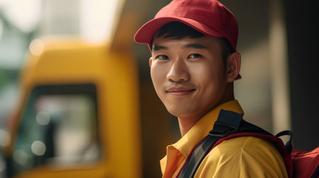 Portrait of a smiling delivery man in a red cap and yellow uniform.の素材