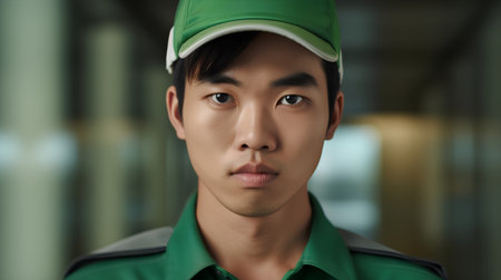 Portrait of a handsome young man in a cap and green shirtの素材