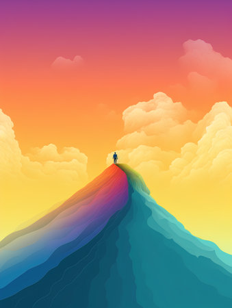 Man standing on top of a mountain. Vector illustration. Eps 10の素材
