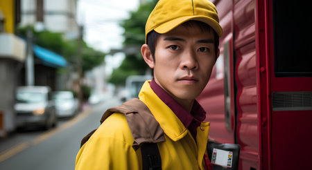 Young Asian delivery man in yellow uniform with backpack standing on the street.の素材