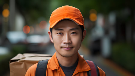 Asian delivery man in orange uniform and cap carrying a parcel box on the streetの素材