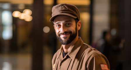 Handsome delivery man with beard and cap smiling at the cameraの素材