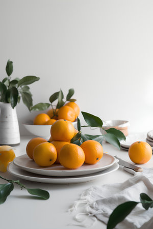 Oranges with leaves on a white table. Tangerines in a vase.の素材