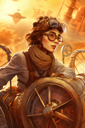 Beautiful steampunk girl in a helmet and glasses against the background of the planet.の素材