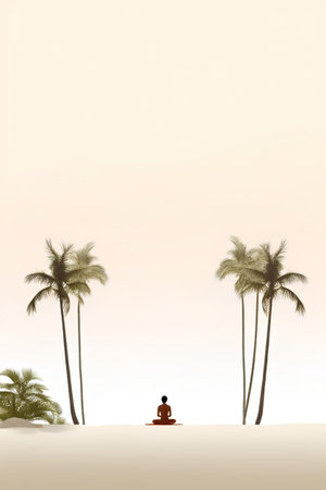 Man practicing yoga on the beach and palm trees. Vector illustration.の素材