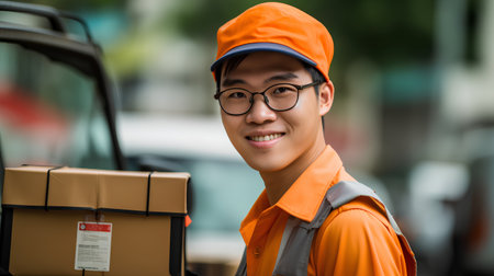 delivery man in orange uniform and cap with parcel box on forkliftの素材