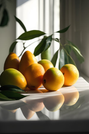 Ripe mangoes on a white table. Selective focus.の素材