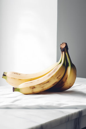 Bunch of bananas on a white tablecloth, selective focus.の素材
