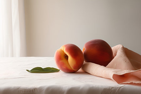 Fresh peaches on a table with a linen cloth. Copy space.の素材