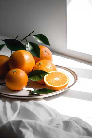 Oranges on a plate in the sunlight. Citrus fruit.の素材