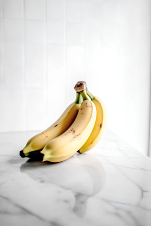 Bunch of bananas on white marble table in kitchen. Selective focus.の素材