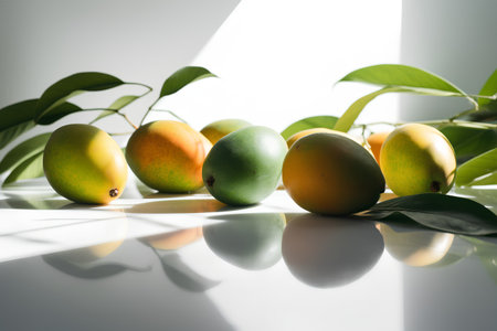 Mango fruit on white table with green leaves and shadow from sunlight.の素材