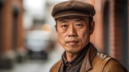 Portrait of a senior asian man wearing a cap and leather jacketの素材