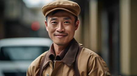 Portrait of a smiling asian man in beret and trench coatの素材