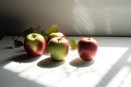 Ripe red and green apples on a white table with shadows from the window.の素材