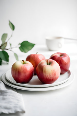 Red apples on a white plate with a cup of tea on a light backgroundの素材