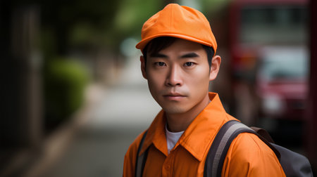 Portrait of young Asian delivery man in orange uniform and cap.の素材