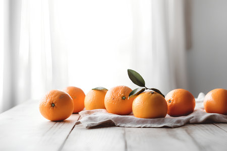 Oranges with leaves on a white wooden table, selective focus.の素材