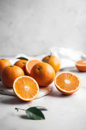 Fresh oranges with leaves on a white background, selective focus, verticalの素材