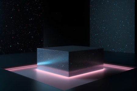 Neon pedestal in black room with neon lights. 3d renderingの素材