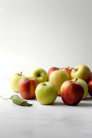 Red and yellow apples on a white marble background. Copy space.の素材