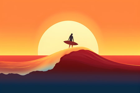 Surfer on the top of the mountain at sunset. Vector illustrationの素材