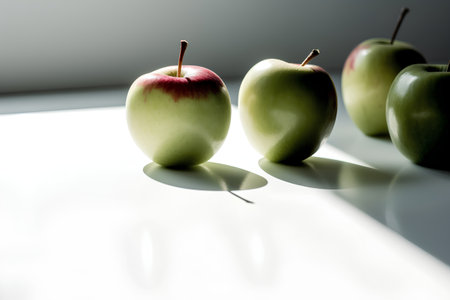 Green and red apples on a white background with a shadow from the sunの素材