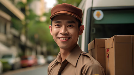smiling delivery man with parcel box in the street. asianの素材