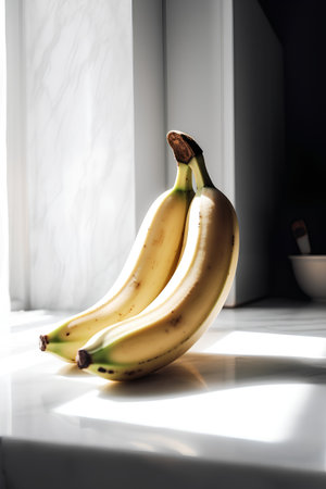 Bananas on a white kitchen countertop. Sunlight through the window.の素材