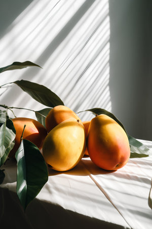 Ripe mangoes and green leaves on a white table in sunlight