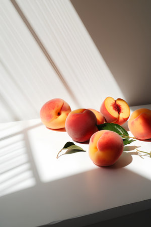 Peaches on a white background with shadows from the blinds.の素材