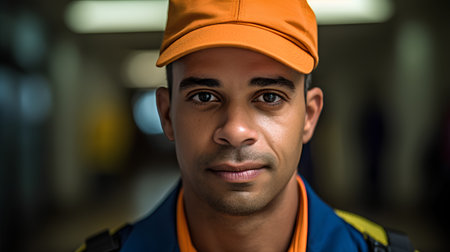 Portrait of a male worker wearing uniform and cap looking at cameraの素材