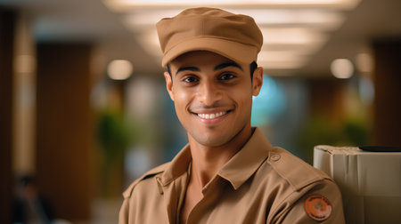 Portrait of a smiling delivery man in uniform standing at the officeの素材