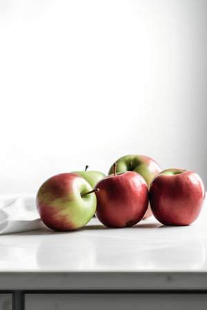 Red and green apples on white table with copy space. Healthy eating concept.の素材