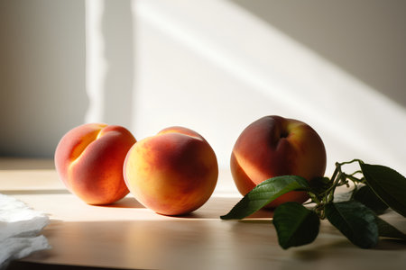 Peaches with leaves on a wooden table in sunlight. Selective focus.の素材