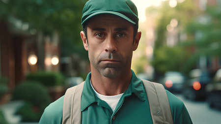 Portrait of a serious delivery man in a cap and green t-shirt.の素材