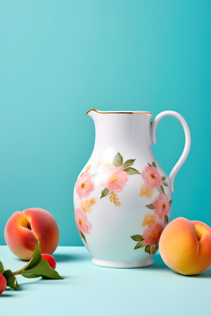 White jug with floral pattern and peaches on a blue background.の素材