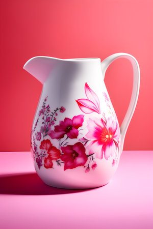 Ceramic jug with floral pattern on pink background. 3d renderingの素材