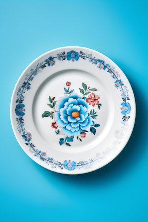 Plate with floral ornament on blue background. 3d illustration.の素材